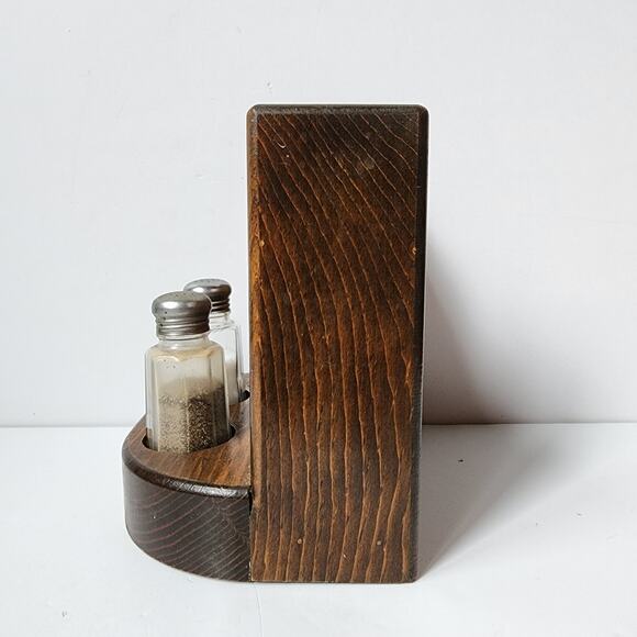 Vintage Wooden Napkin Salt Pepper Holder Picnic Rustic Shakers Dark Retro - Picture 2 of 9